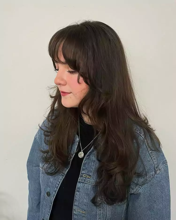 Brunette Layered Shag with Curtain Bangs