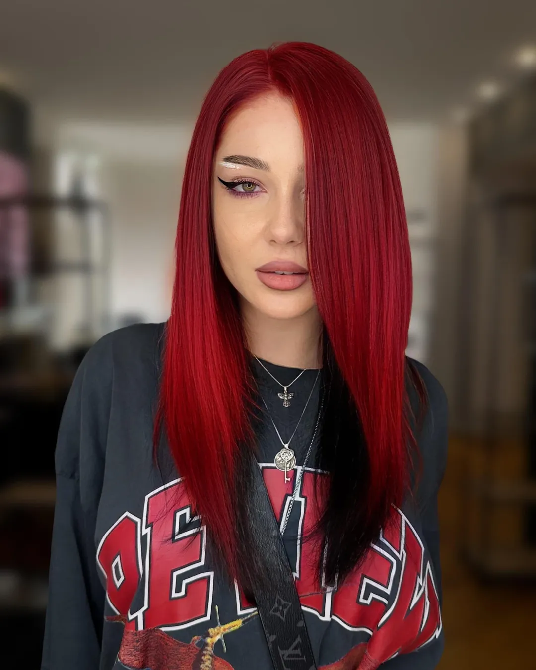 Cherry Red Lob with Face-Framing Layers