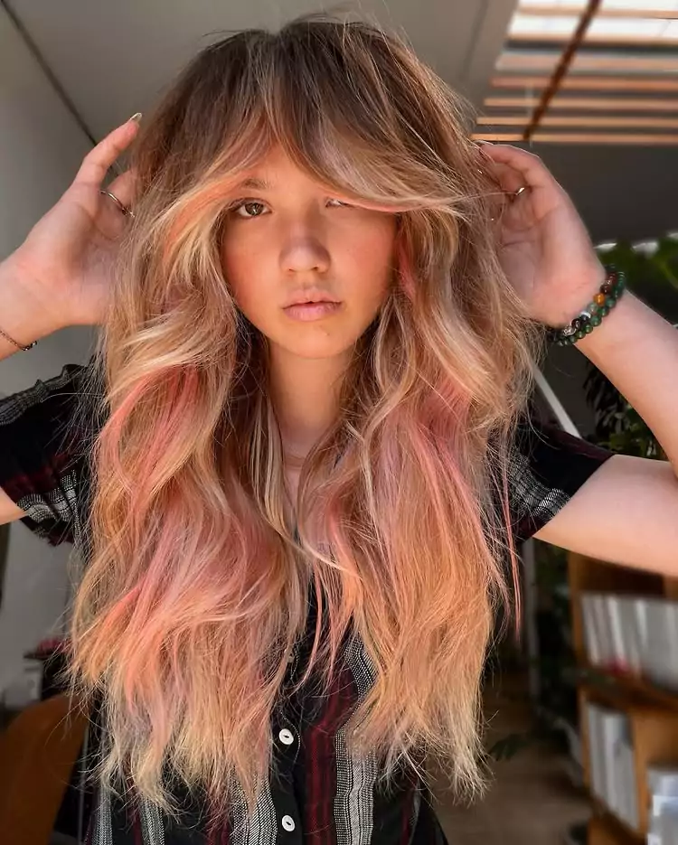 Curtain Bang Shag with Peachy Pink Highlights
