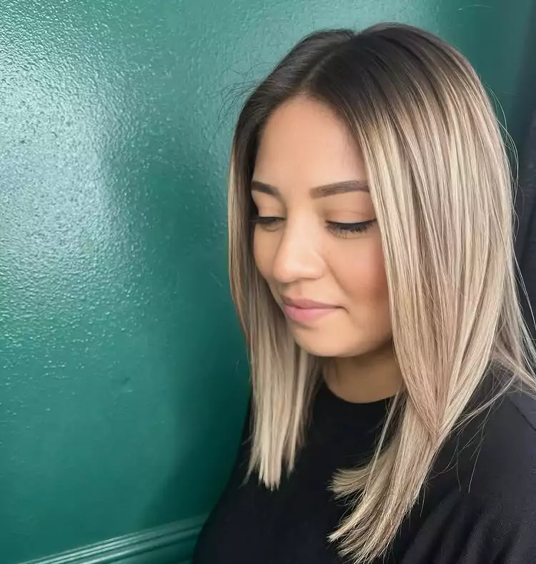 Dimensional Blonde Lob with Natural Root Blend