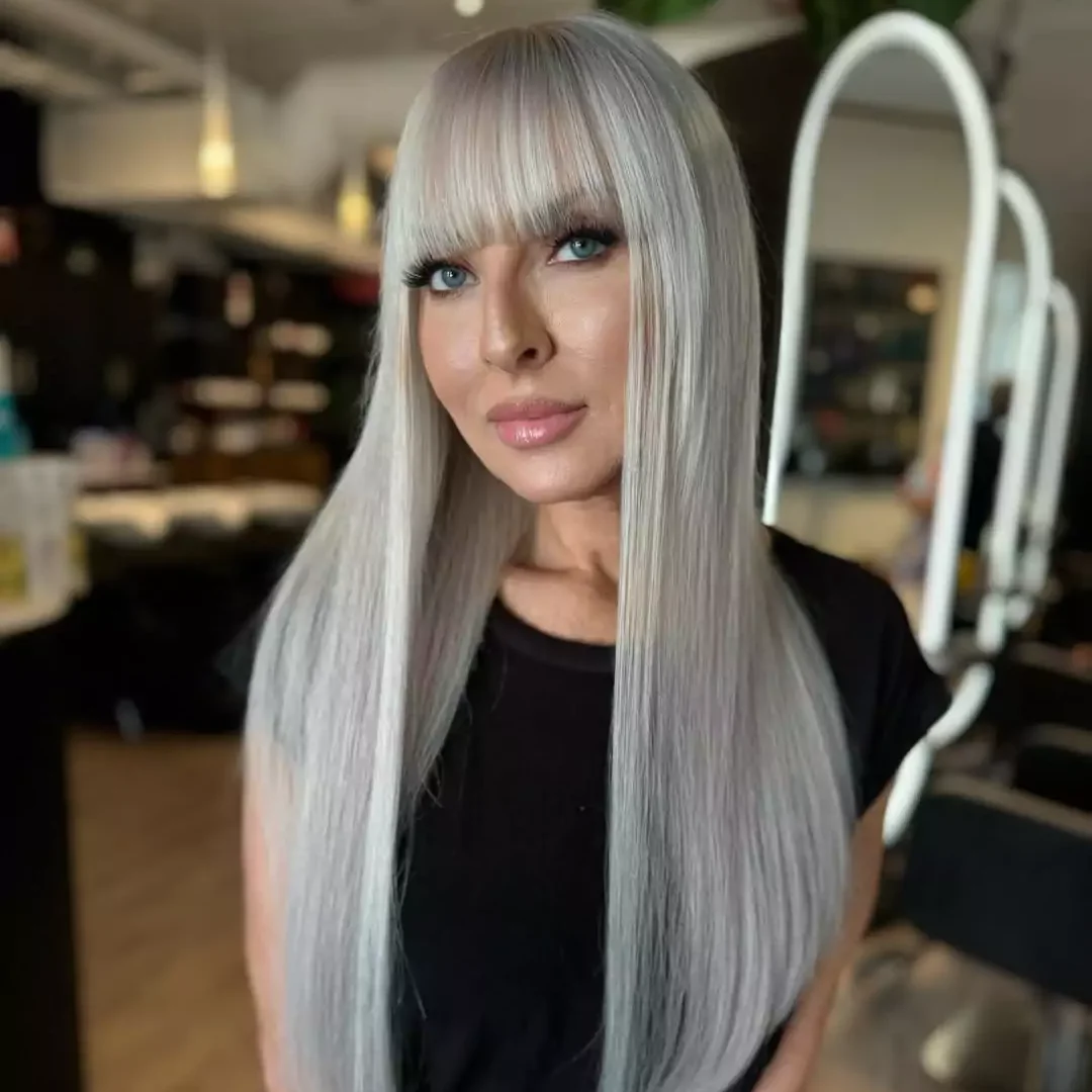 Icy Platinum Blonde with Blunt Bangs