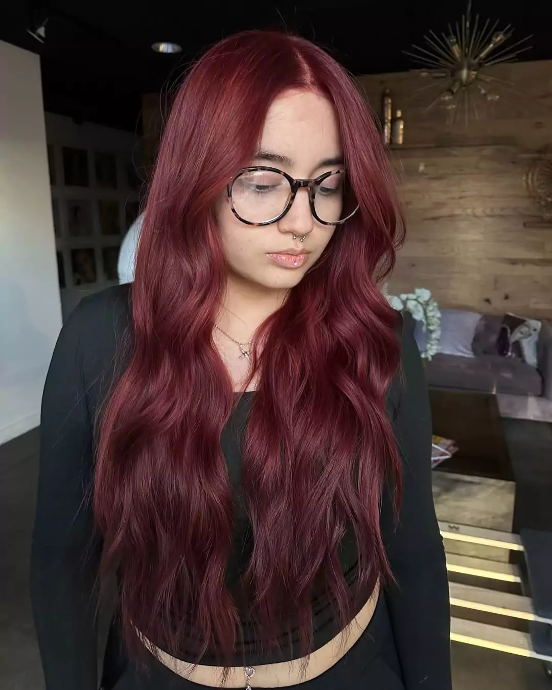 Long Layered Cherry Red Hair with Face-Framing Layers