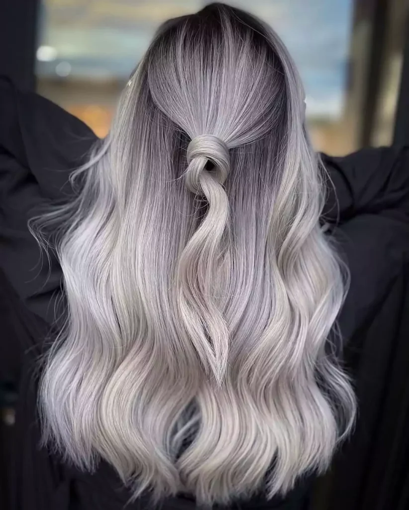 Silver Ash Blonde Waves with Knotted Half-Up Style
